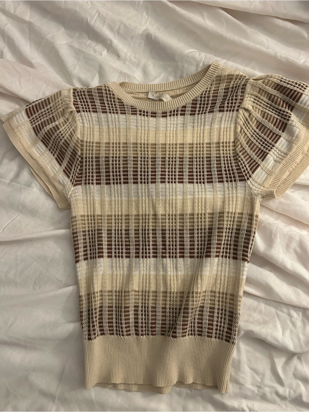 Ramy Brook Beige, Cream & Brown Plaid Knit Top